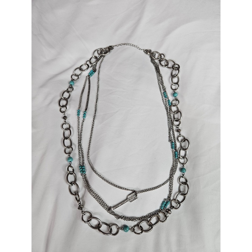 Shyanne Layered Arrow Necklace Silver Tone Turquoise Bead Multi Strand Statement